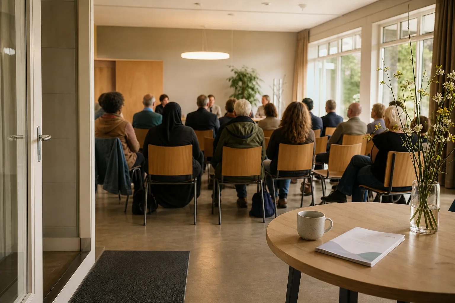 Bezoekers nemen plaats in een lichte gemeenschapsruimte terwijl de deur openstaat