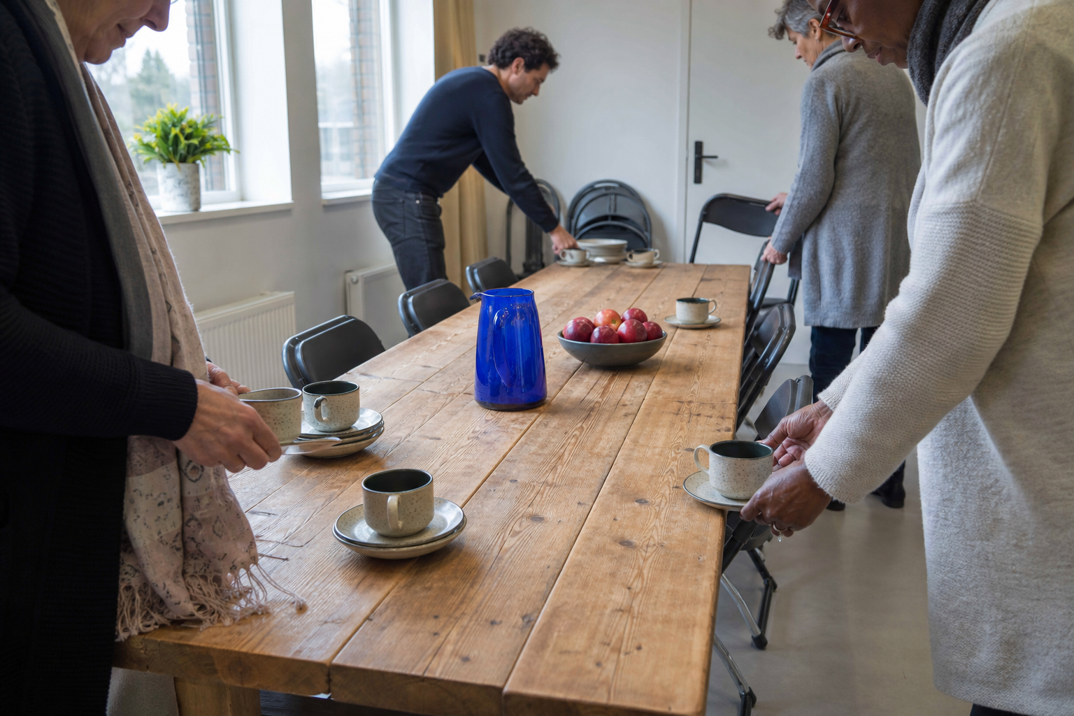 Vrijwilligers zetten kopjes en stoelen klaar rond een lange houten tafel